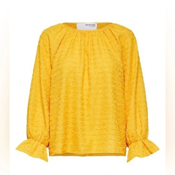 Selected Femme Yellow Lissy Blouse Top Crew Neck 7/8 Balloon Sleeve Sz 46 US 14 - Picture 1 of 8